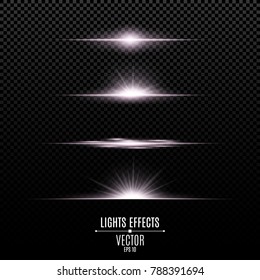 Bright lights effects isolated on a transparent background. Bright flashes and glare of white color. Bright rays of light. Glowing lines. Vector illustration.