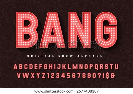 Bright lights show alphabet design, LED lamps letters and numbers. Original design