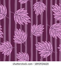 Bright lilac autumn contoured leaves seamless pattern. Striped background. Nature abstract print in purple tones. Decorative backdrop for fabric design, textile print, wrapping. Vector illustration.