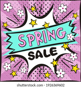 Bright lilac banner for discounts or spring sales in popart style. Cartoon Explosion, stars, Sakura flowers. Template for web design, banners, coupons, applications and posters. Vector illustration.