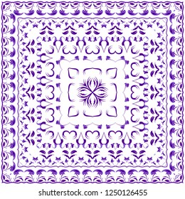 Bright lilac colored handkerchief. Rich striking pattern for a scarf. Square ornament in Oriental style. Vector illustration.