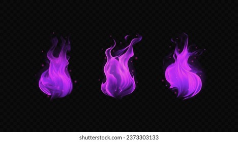 Bright lilac flame with sparkles. Vector illustration. Set of magic burning fire isolated on transparent backdrop