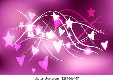 Bright lilac and pink background with glowing abstract stars, hearts and lines for use in design