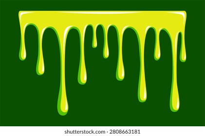 Bright lime green dripping slime or liquid melt isolated on dark green background