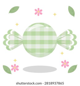 Bright lime green pastel gingham wrapped candy with flower and leaf gimmick. Great for vibrant party designs and stickers. Flat vector illustration on white
