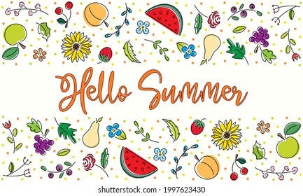 Bright line art illustration of fruits and flowers. Background with hello summer lettering