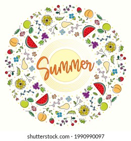 Bright line art round wreath of fruits and flowers with the inscription summer