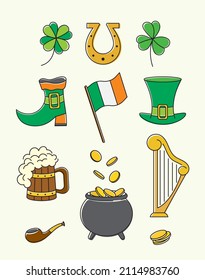 Bright line art set of clover, pot, coins, flag, shoes, ale. St Patricks day symbols collection