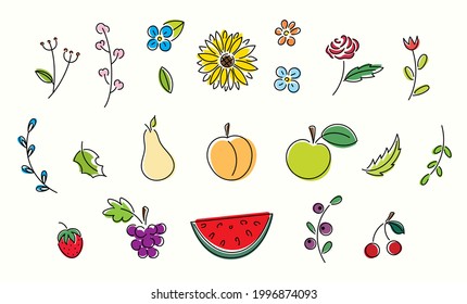 Bright line art set of fruits and flowers. Summertime collection of icons