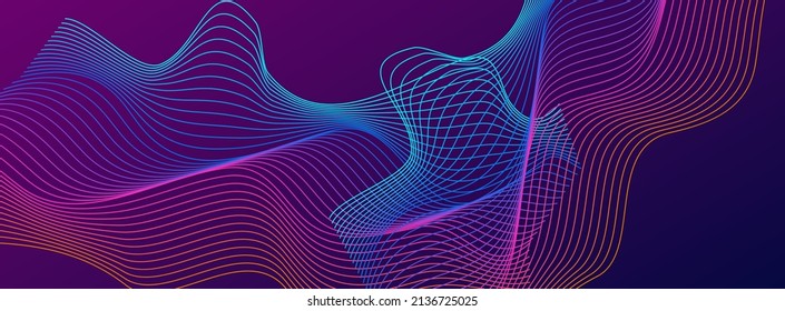 Bright Line Background Violet Vector. Surface Texture. Iridescent Curve Array. Breeze Soundwave Backdrop. Multicolored Motive.