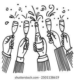 Bright line drawing of people's hands with champagne glasses, vector illustration, line art, holiday, joyful atmosphere, doodles, clear black outlines, modern and playful design.