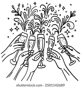 Bright line drawing of people's hands with champagne glasses, vector illustration, line art, holiday, joyful atmosphere, doodles, clear black outlines, modern and playful design.