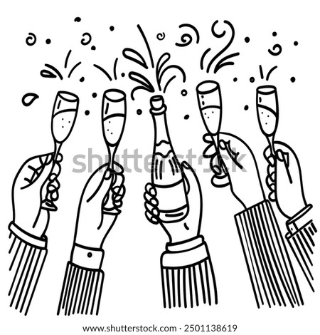 Bright line drawing of people's hands with champagne glasses, vector illustration, line art, holiday, joyful atmosphere, doodles, clear black outlines, modern and playful design.