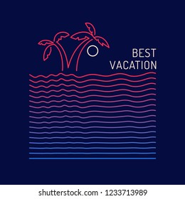 Bright linear poster with palm trees and the sea. Vector illustration