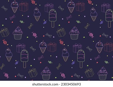 Bright linear seamless pattern with the image of ice cream, gifts, sweets, confetti, bow