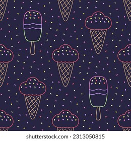 bright linear seamless pattern with image of ice cream, sweet food vector background, delicious summer design, cartoon kid illustration