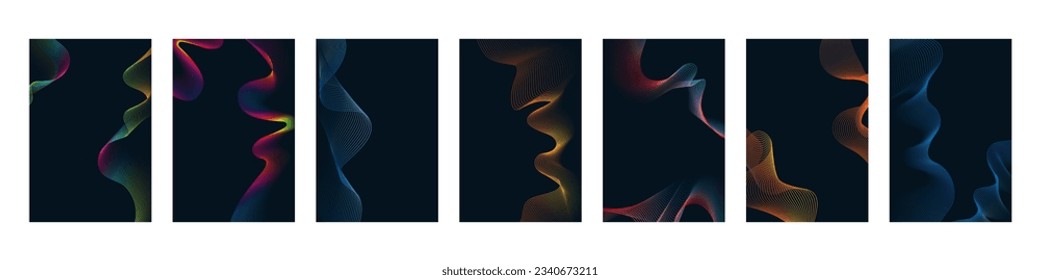 Bright linear waves on a dark background set, abstract background, vector flyer poster design.