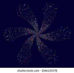 Bright Lines And Dots centrifugal composition on a dark background. Impressive cluster organized from randomized lines and dots items.