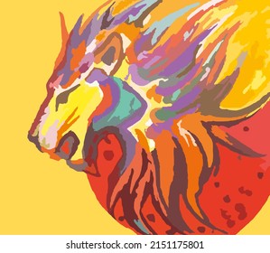 Fondo brillante de cabeza de león para textiles o afiches. Colores coloridos de la cabeza de león para papel pintado, huellas, tela, tendencias de moda, soluciones interiores, cubiertas, tarjetas, fondos y texturas, etc.