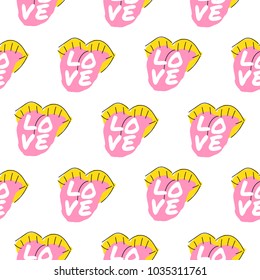 Bright lips seamless pattern with love word design.