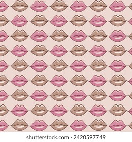 Bright lips seamless pattern. Pink and beige cartoon kiss repeat on light background. Vector illustration.
