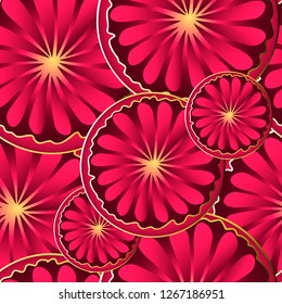 Bright lipstick color vector seamless pattern hand drawn gradient abstract flowers in golden outline . Background for textile, wallpaper, wrapping, cover page, web site, card, carton, print, banner.