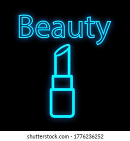 bright lipstick to create a beautiful even tone on the lips. The formula with natural collagen moisturizes and cares for the lips. Neon blue outline packaging on a black background. vector