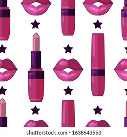 Bright lipsticks and lips, seamless pattern in the style of a flat vector.