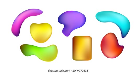 Bright liquid plastic. Liquid 3d shapes with colorful gradient in color. Set iridescent futuristic liquid elements. Modern graphic gradient amoeba in liquid style. Abstract bright splash fluid. Vector