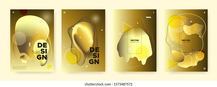 Bright Liquid Shapes. Vector Abstract Pattern. Luxury Glow Fluid Poster. Graphic Contemporary Brochure. Yellow Liquid Gradient. Gold Memphis Banner. Golden Fluid Design. Fashion Liquid Background.