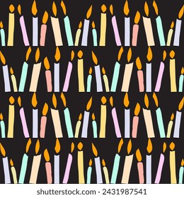 Bright lit candles, burning candles seamless pattern. Vector design.