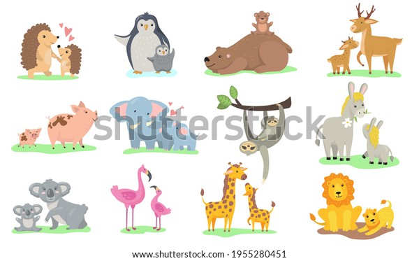Bright
little animals with their moms flat pictures collection. Cartoon
cute penguin, elephant, giraffe with parent isolated vector
illustrations. Family and wild animals
concept