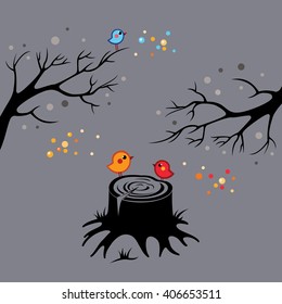 bright little birds sitting and singing on a black stump with branches and colorful spots around. Cute vector summer illustration