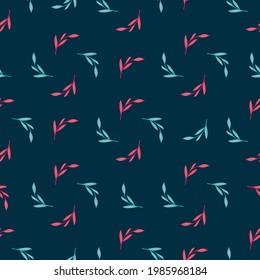 Bright little pink and blue outline leaves seamless pattern. Dark navy blue background. Scrapbook style. Perfect for fabric design, textile print, wrapping, cover. Vector illustration.