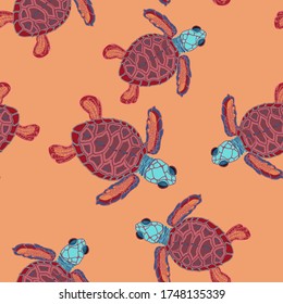 Bright little turtles vector seamless pattern for decoration, packaging, textile.