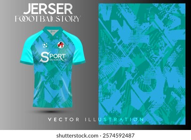 The bright and lively blue and mint green football shirt features intricate graphic patterns that give the shirt a 3D and modern look.