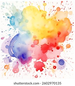 Bright and lively watercolor abstract background features splashes of color in shades of blue, yellow, red, and purple, creating an artistic and dynamic expression suitable for design projects