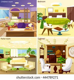 Bright living room children room bedroom parlor room and cabinet interiors 2x2 design concept cartoon vector illustration