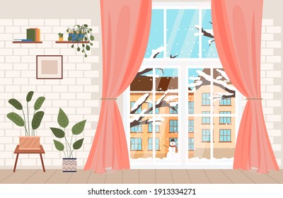 Bright living room cozy interior with modern furniture and winter landscape outside the window. Flat style vector illustration. Large window with curtains, snowman and snow-covered tree outside