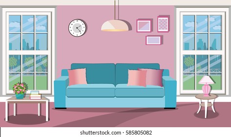 Bright living room interior design with large windows overlooking the courtyard. Comfortable sofa, table, lamp, clock and picture. Flat style vector illustration.