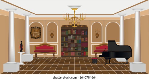 bright living room interior with grand piano and bookcase