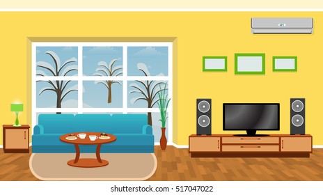 Bright living room interior with modern furniture and winter landscape outside the window. Flat style vector illustration