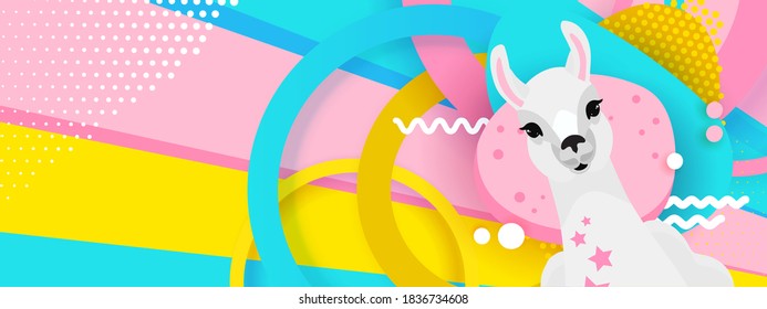 Bright llama party backdrop, cute kids background with circles and stars. Vector childish character for textile, notebook, postcard, invitation.
