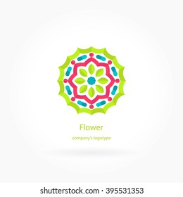 Bright logo in candy colors. Caramel flower. Green bud. Pink petals for boutique, flower shop, business, interior. Company mark, emblem, element, logotype. Kaleidoscope bud. Surround abstract blossom.