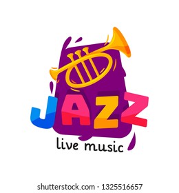 Bright logo for jazz live concert. Original music badge with golden trumpet and colorful text. Flat vector design