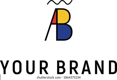 Bright logo with letters A and B for coffee shop or sushi cafe. Red, yellow and blue with black outlines.