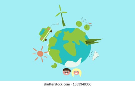 bright logo on the theme of ecology and protection of the planet.  earth on a blue background surrounded by symbols of healthy existence. use as a logo or print on clothes and bags. horizontal vector