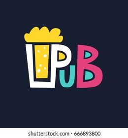 Bright logo pub beer mug of foaming beer on a dark background. Vector illustration in flat cartoon style