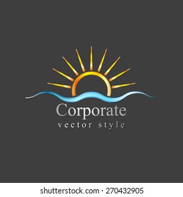 Bright logo. Sun and sea wave. Vector design