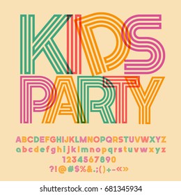 Bright logo with text Kids Party. Vector set of colorful Alphabet letters, numbers and symbols. Graphic style Font. 